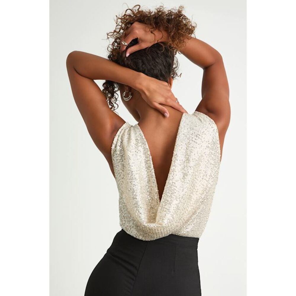 Lulus Evening Of Wonder Silver Sequin Cowl Back Bodysuit - Size XL